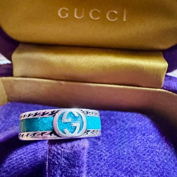 GUCCI Enamel Trio: Blue Interlocking G Necklace & (2) Turquoise Rings - Picture 9 of 16